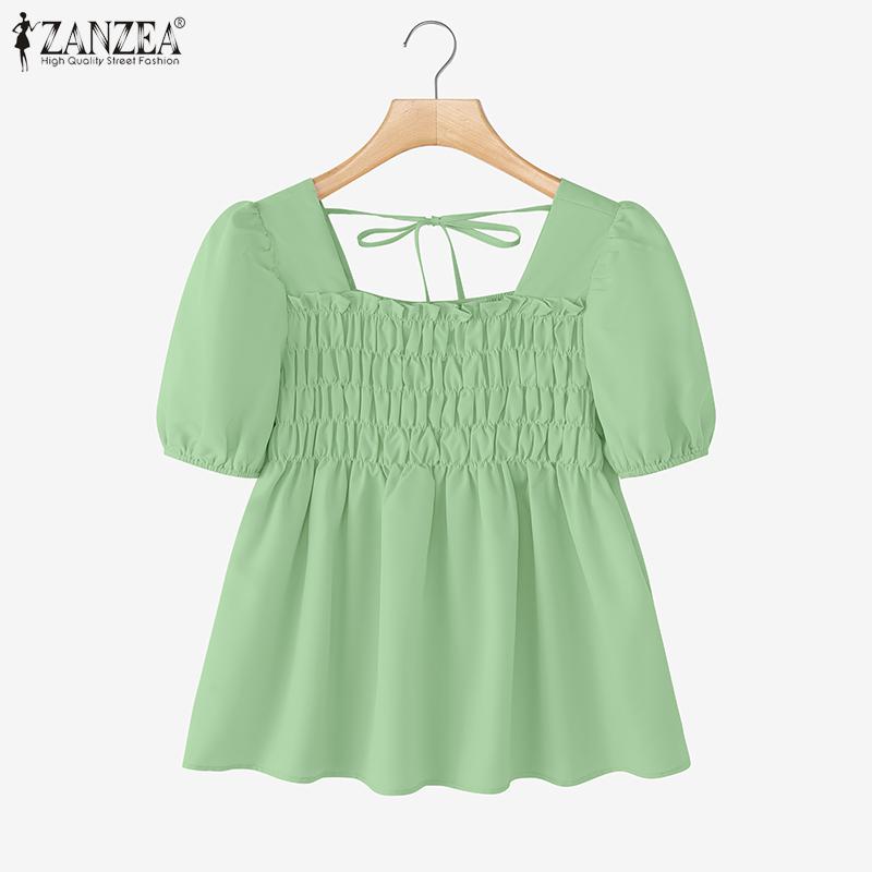 ZANZEA Women Square Collar Summer Casual Short Sleeve Blouse