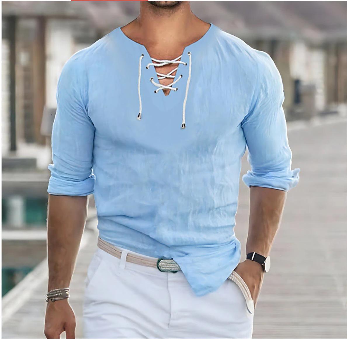 

Мужская повседневная рубашка белая синяя серая с длинным рукавом однотонная с V-образным вырезом весенне-летняя повседневная фестивальная одежда одежда на шнуровке XL небесно-голубой