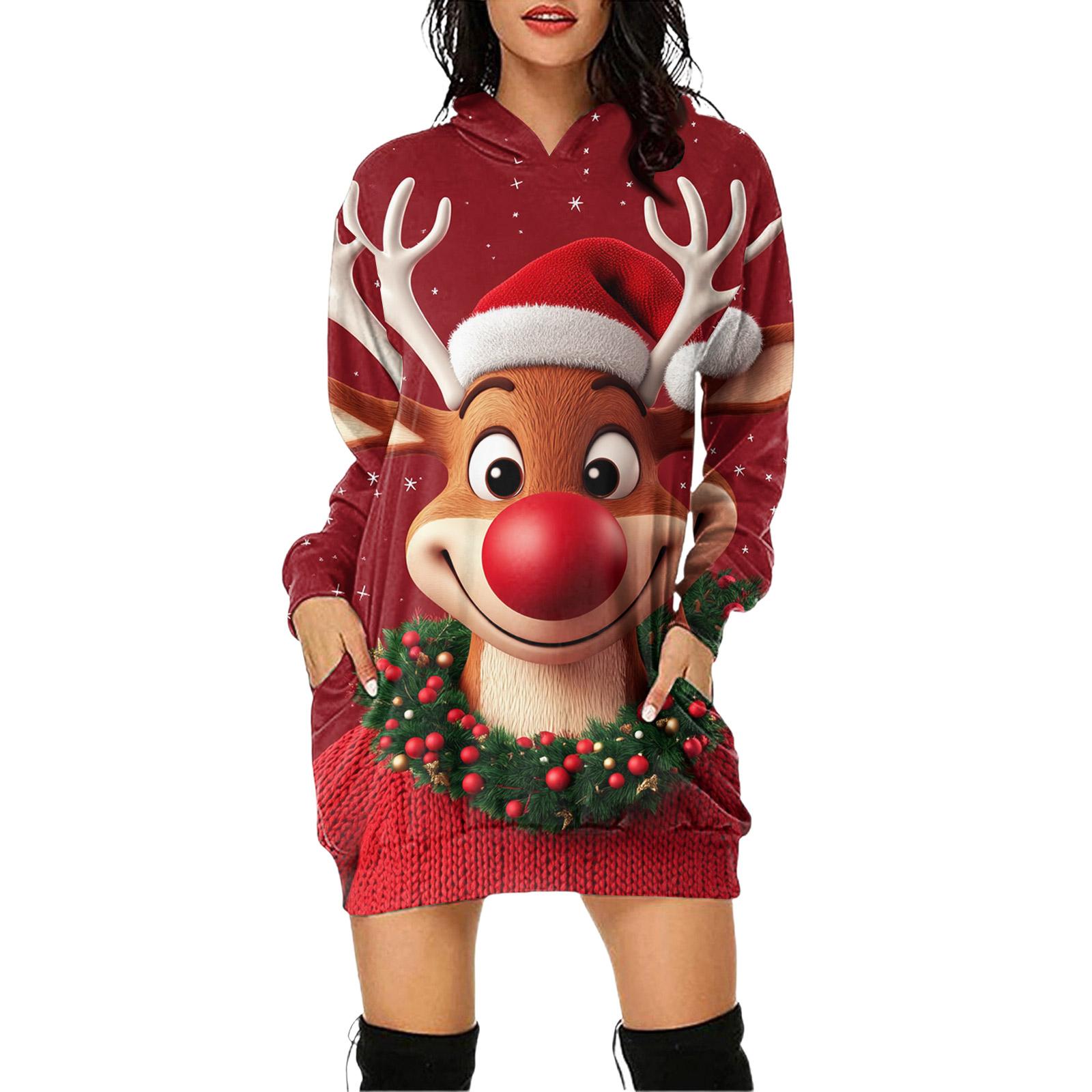 

Женское платье-пуловер с капюшоном и карманом с рождественским принтом и длинным рукавом XL винный