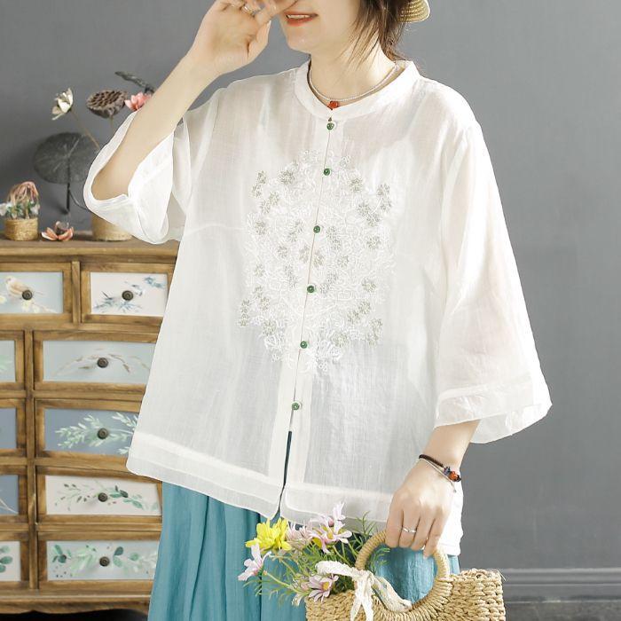 

Новый топ-рубашка с рукавами до локтя, тяжелая промышленная вышивка, шикарный кардиган с короткими рукавами, воротник-стойка, этнический стиль 3XL белый