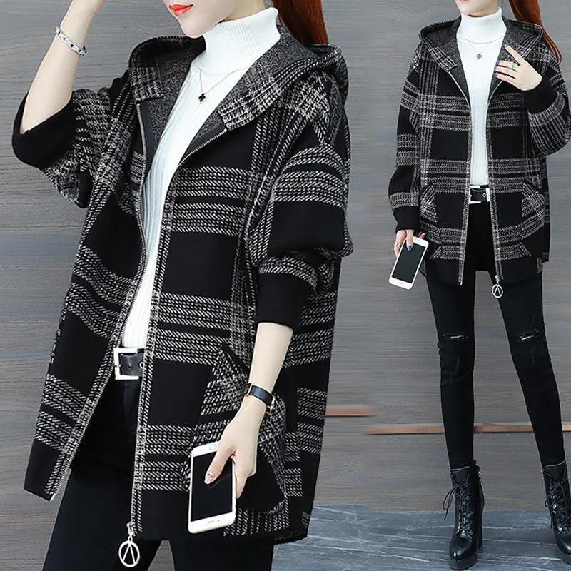 Women Autumn Plus Size Loose Plaid Hooded Zipper Open Cardigan Ladies Versatile Casual Outerwear