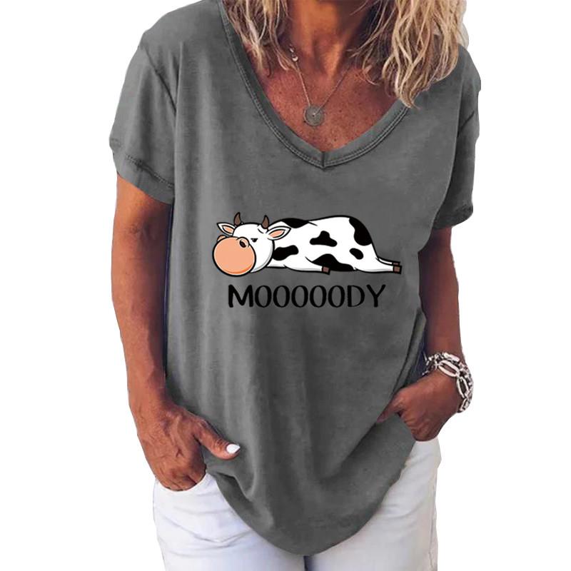 

Fashion Spring Cow Print Blouses Short Sleeved V-Neck T Shirts Casual 8XL сірий