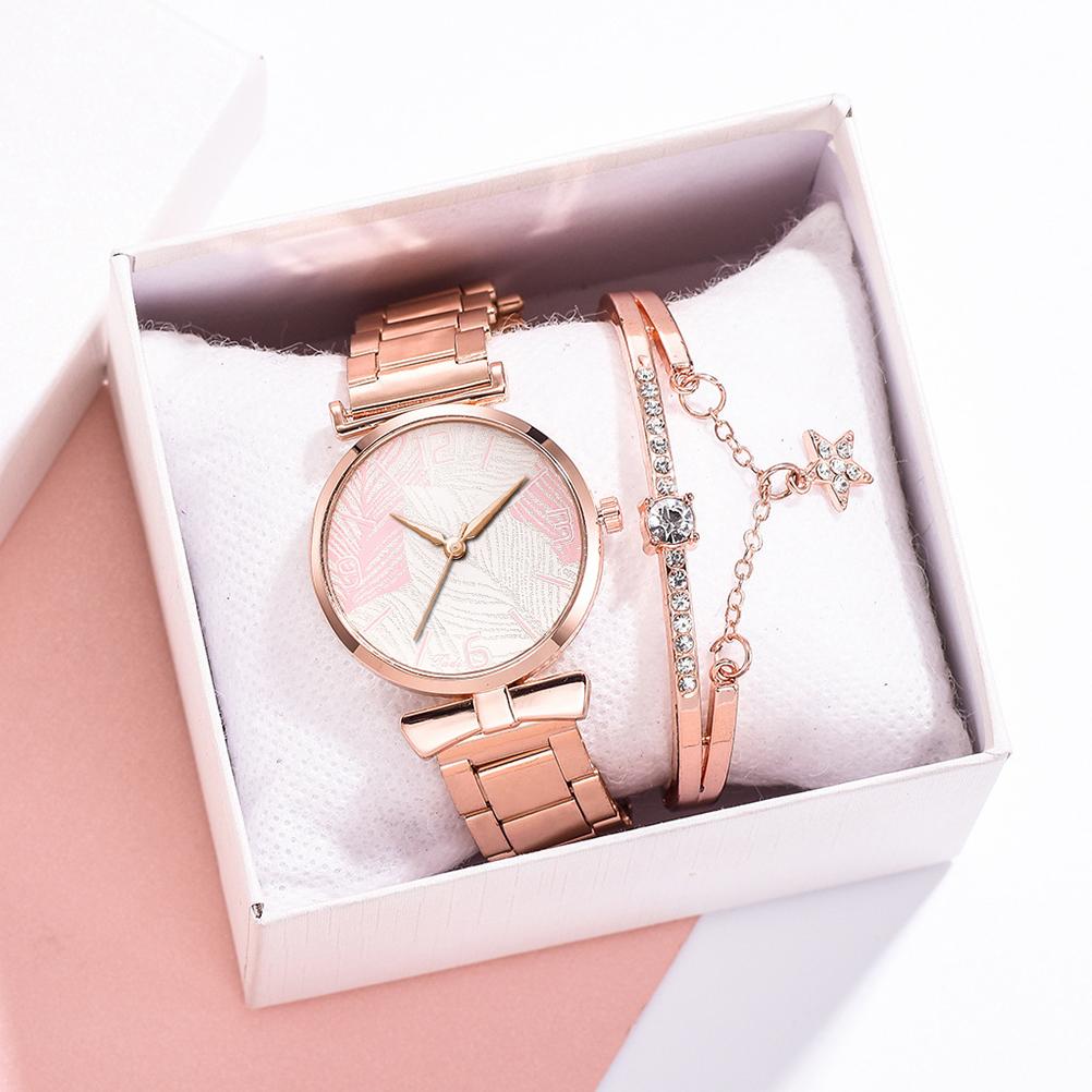 Fashionable Women Watches Bracelet Box Set Leaf Dial Clock Women Wrist Watches Star Bracelet