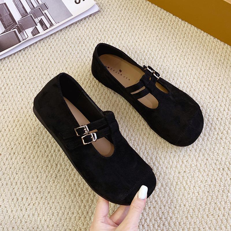 2025 New Retro Women's Shoes Flat Heel Shallow Mouth One-word Buckle Single Shoes Square Head Suede Flat Bottom Women's Shoes
