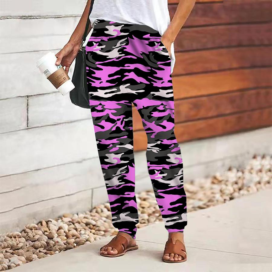 Women Camouflage Printing Pants Lace Up Elastic Waist Loose  Trousers Casual Long Pants Trousers with Pockets