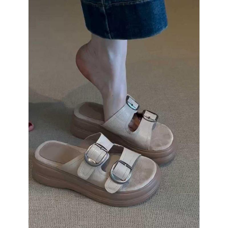 

Sheepskin version~ Soft leather thick-soled one-word slippers for women s summer wear new high-end versatile cool slippers 40 абрикосовый