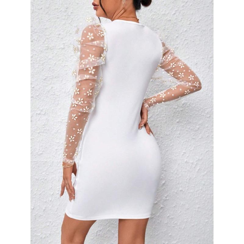 Women's Fashion Spring Fall Solid Color Print Long Sleeve O-Neck High Waist Casual Dresses