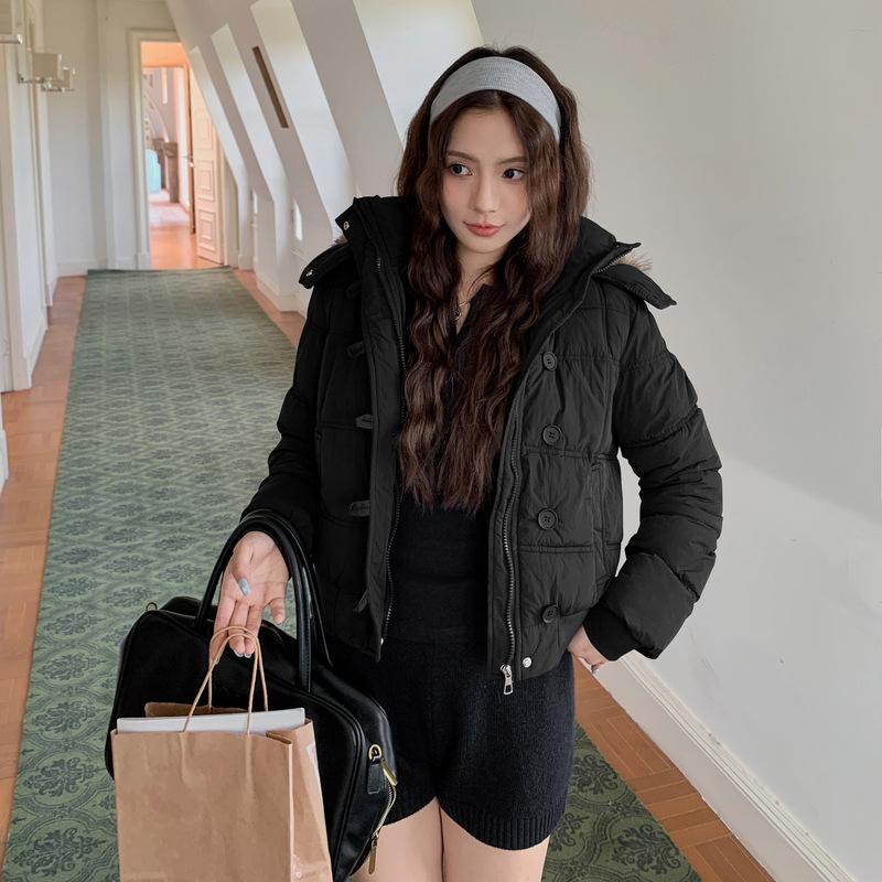 

Зимняя женская хлопковая одежда короткая с большим меховым воротником модная хлопковая куртка со стойкой воротником женская толстая теплая и свободная S чёрный