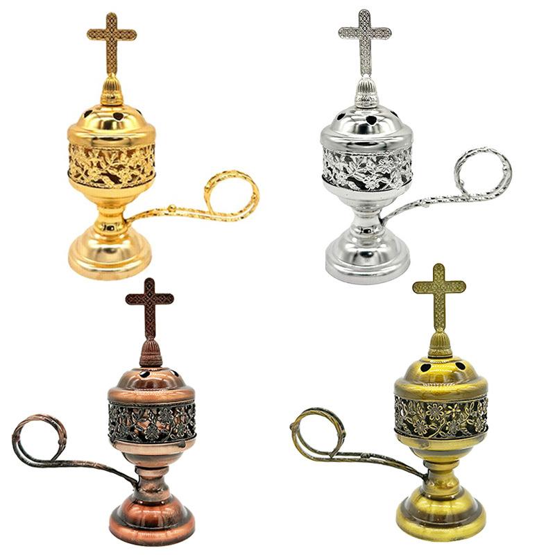 Vintage Metal Cross Incense Burner Indoor Sandalwood Burner Hollow Charcoal Incense Burner Ornament Home Church Decoration