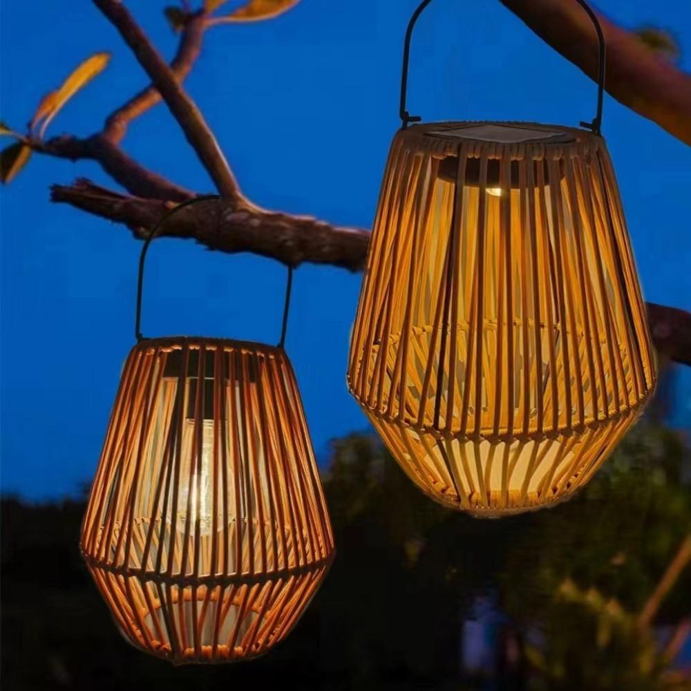 Waterproof Rattan Solar Lantern Bamboo Frame Solar Powered Bamboo Chandelier Lamp Standing/Hanging Weaving Lantern