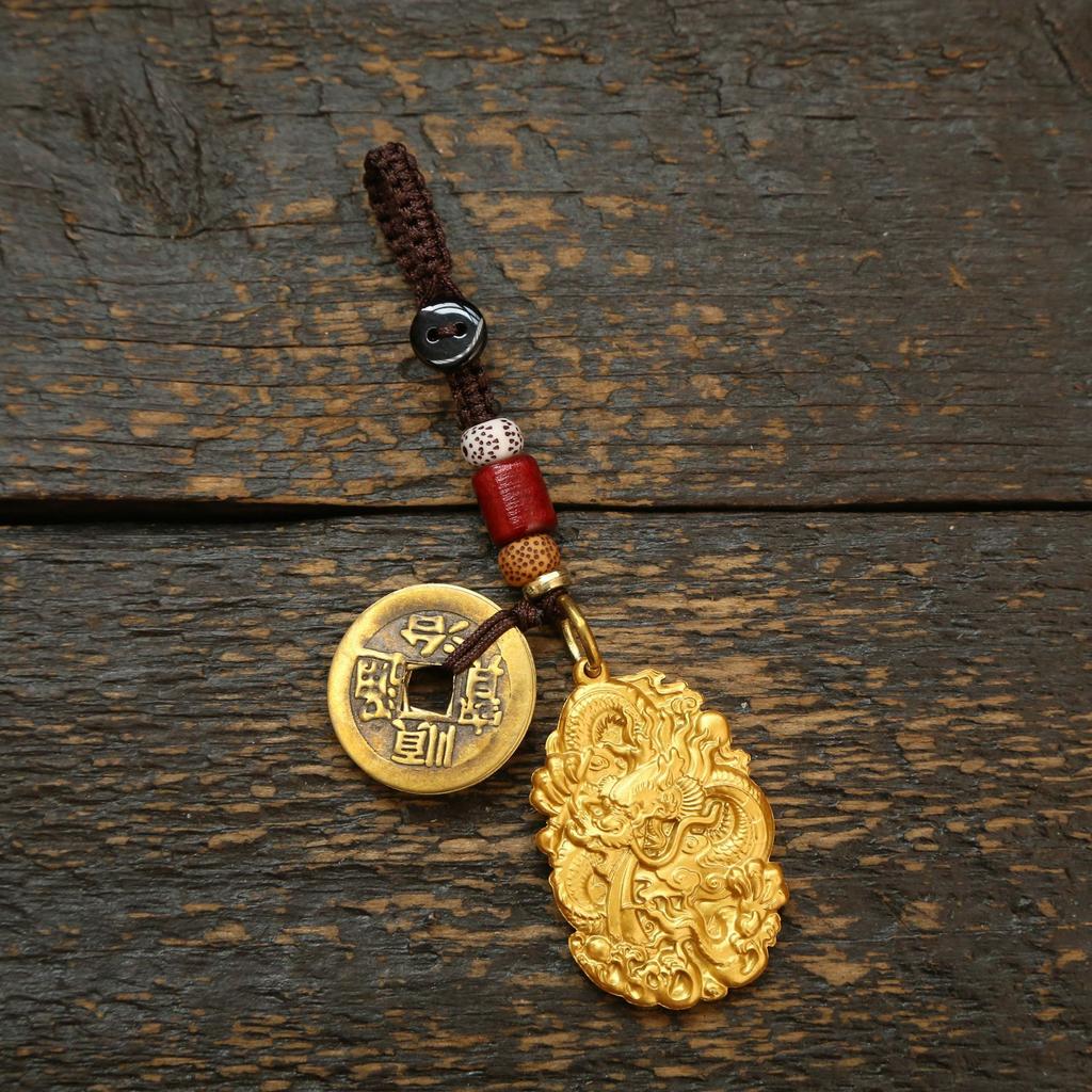 Dragon Brass Double-Sided Double-Dragon Tag Keychain Pendant Men'S And Women'S Bags Car Keys Pendants Accessories