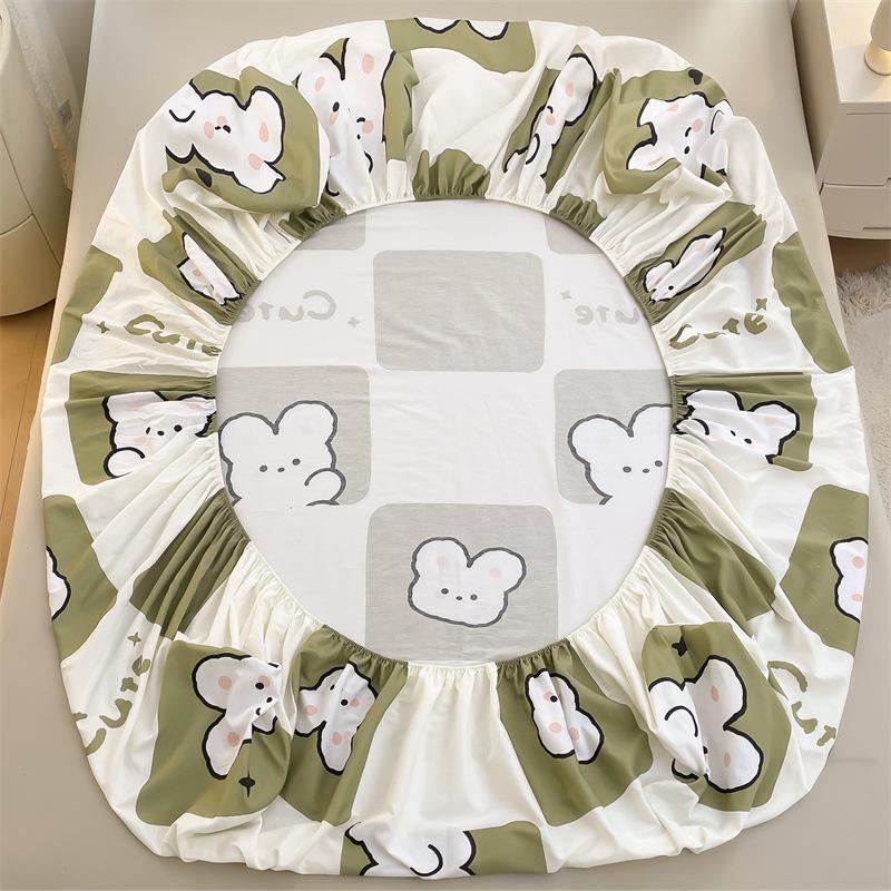 Pure Cotton Cartoon Print Fitted Sheet & Solid Color Mattress Protector Three-Piece Set