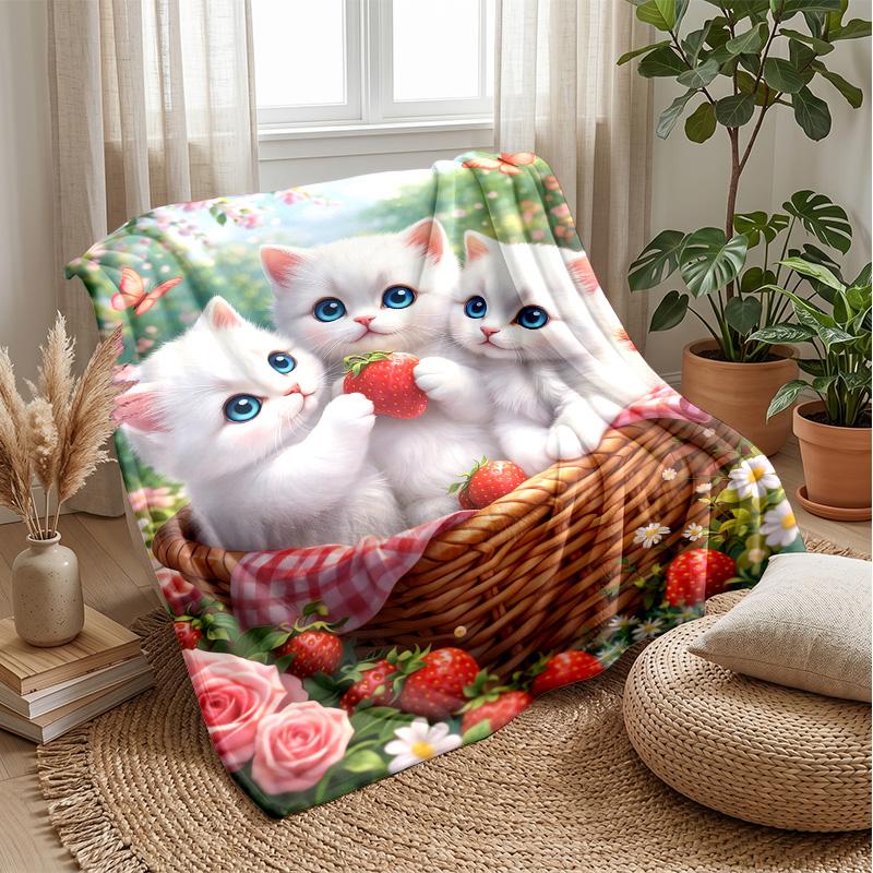 Three Kittens with Strawberries Theme blanket Lightweight Warm Flannel Blanket Decorative Throw Blanket for Home Decoration