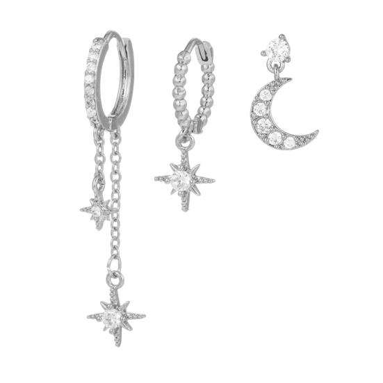 3 paia di orecchini da donna a forma di luna e stella, orecchini a cerchio in rame elettroplaccato, orecchini a bottone con strass, per feste di ballo e appuntamenti
