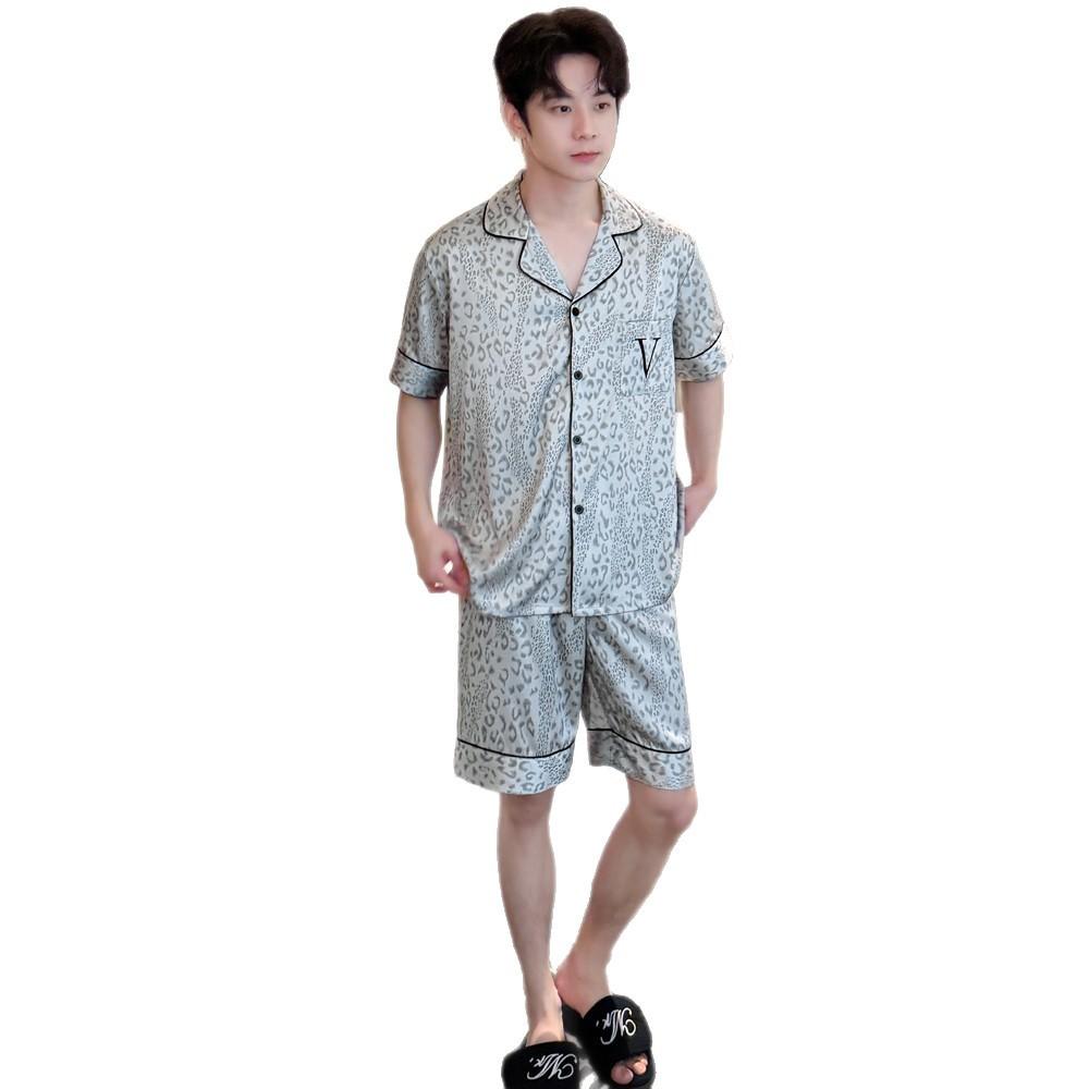 Men's summer ice silk short-sleeved pajamas high-end thin shorts loungewear leopard print cardigan lapel home pajamas