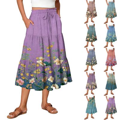 Jupe longue d'été taille haute avec cordon de serrage pour femme, jupes légères à volants, fluides et plissées à fleurs