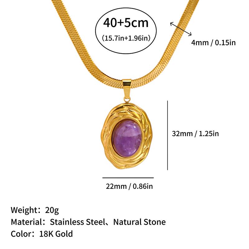 18K Gold Plated Titanium Steel Necklace Women Light Luxury Colorful Oval Stone Pendant Jewelry