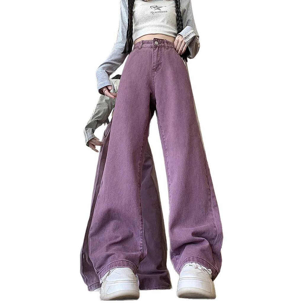 2025 Spring Women's High-Waisted Purple Wide-Leg Denim Pants - Trendy Casual Floor-Length Style