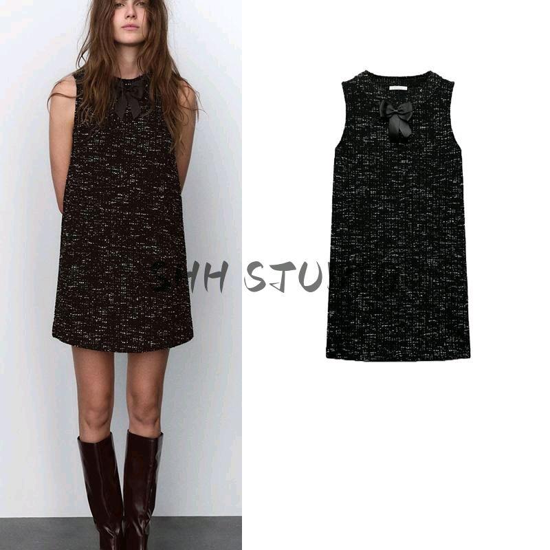 Spring New Women's Clothing French Design Bows Decorative Texture round Neck Short Sleeveless Dress 5039156