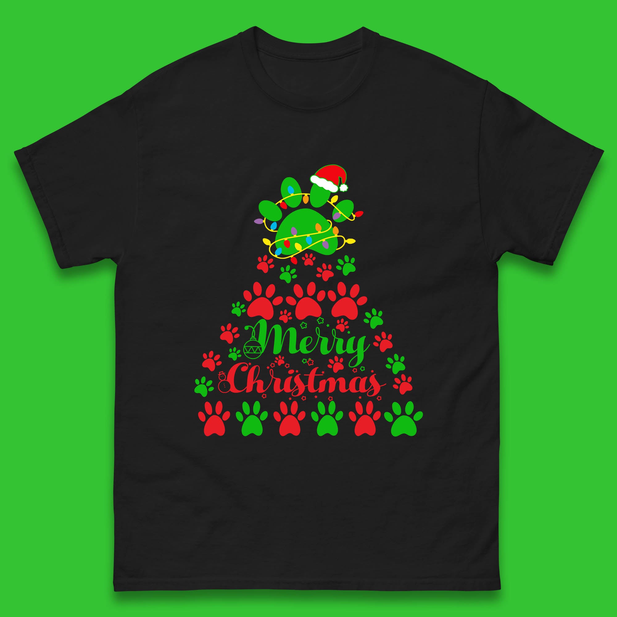 Merry Christmas Mens T Shirt Womens Tops Tees Christmas Paws Tree Top S