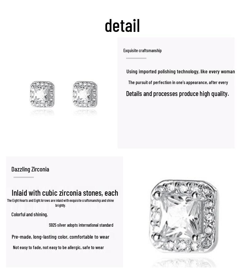 S925 Sterling Silver Square Sugar Stud Earrings with Diamond for Women - Elegant & Versatile European-American Rock Hip-Hop Style