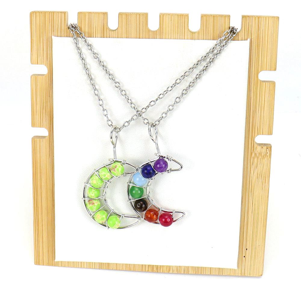Handcrafted Wire Wrapped Seven-Color Crystal Moon Pendant Necklace