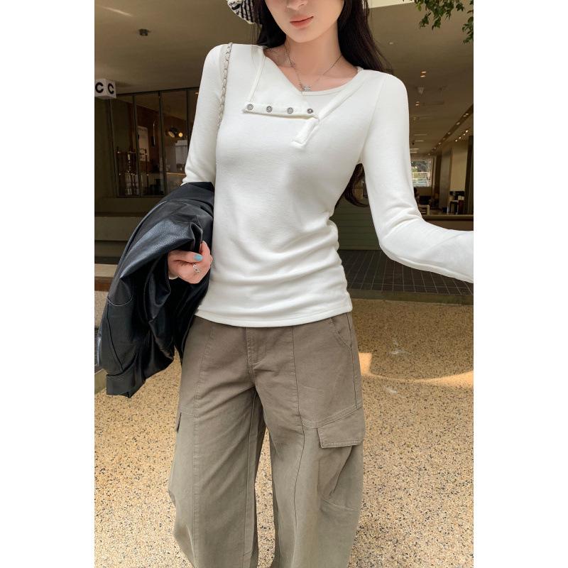 Women's Long-Sleeve Off-Shoulder Button-Up Base Layer Top - Stylish Autumn/Winter 2026 Arrival