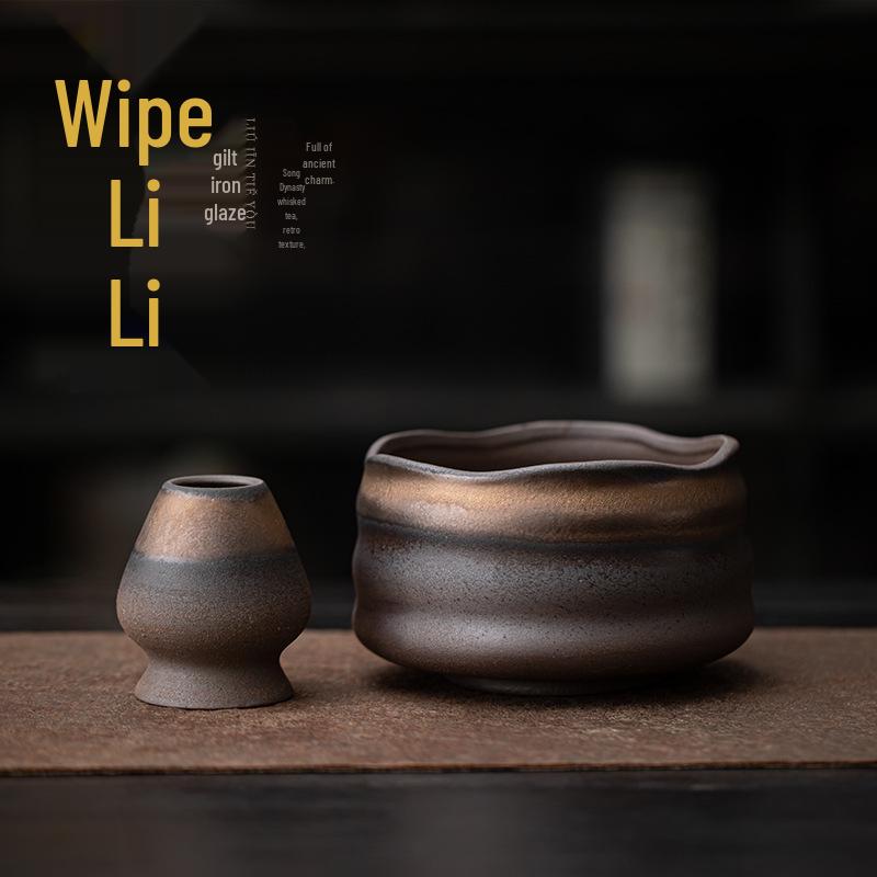 Song Dynasty-Inspired Japanese Matcha Bowl & Whisk Stand with Gilt Iron Glaze