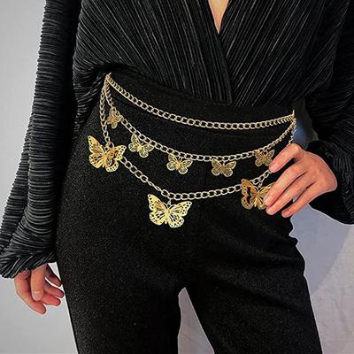 Temperamentní kovový dutý přívěsek motýla, řetízek na pas dámský, všestranný vícevrstvý hliníkový řetízek na tělo