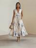 Women's Digital Printed V-Neck Sleeveless Dress with Ruffles Long Dress