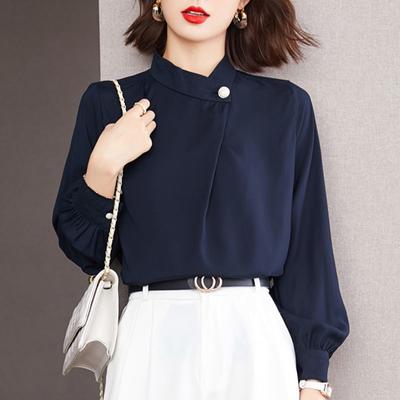 Blusa informal de chifón con cuello levantado para primavera y otoño, elegante, de manga 3/4, color liso