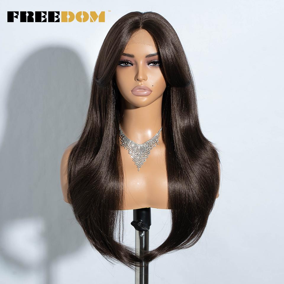 FREEDOM Synthetic Lace Front Wigs For Women 26 inch Straight Layered Wig With Bangs Ombre Brown Blonde Highlight Daily Party Wig