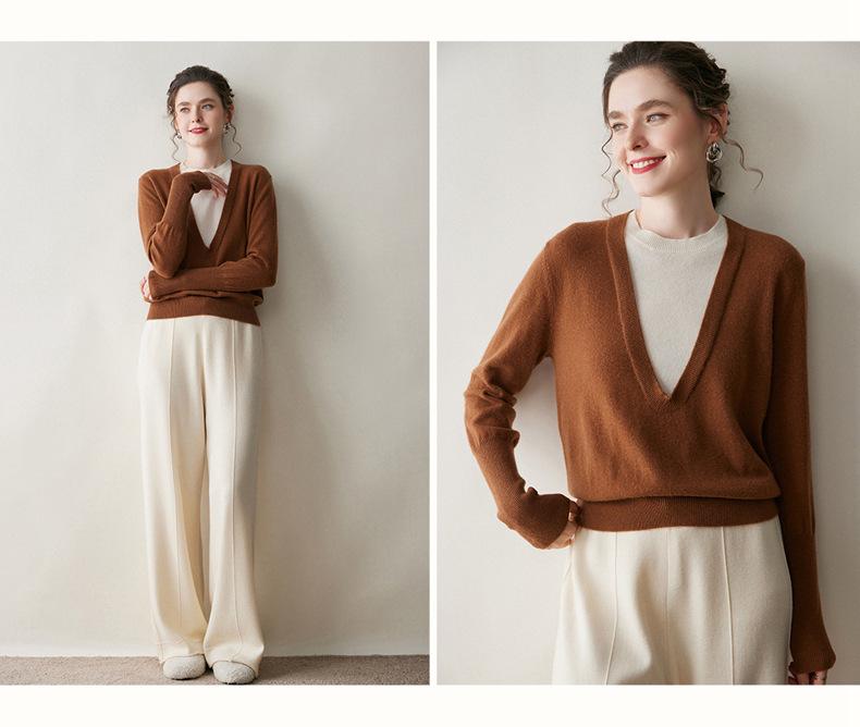 Round Neck Color Block Knit Cashmere Sweater - Loose Slimming Long Sleeve Fake Two-Piece for Autumn/Winter Women