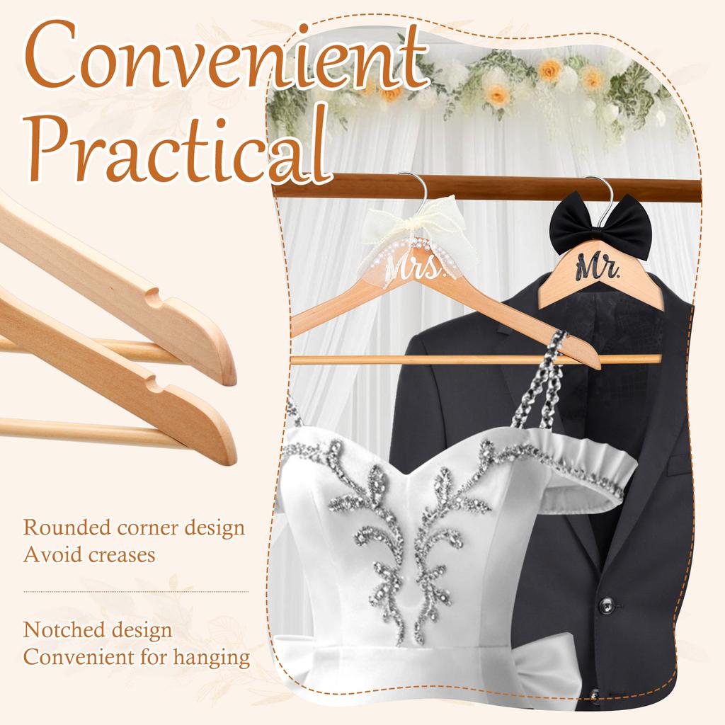 4Pcs clothes hangers Dress Hanger with Bow Pearl Bride Groom Gown Dress Tuxedo Suit  Anti Slip WoodenHanger Wedding Supplies
