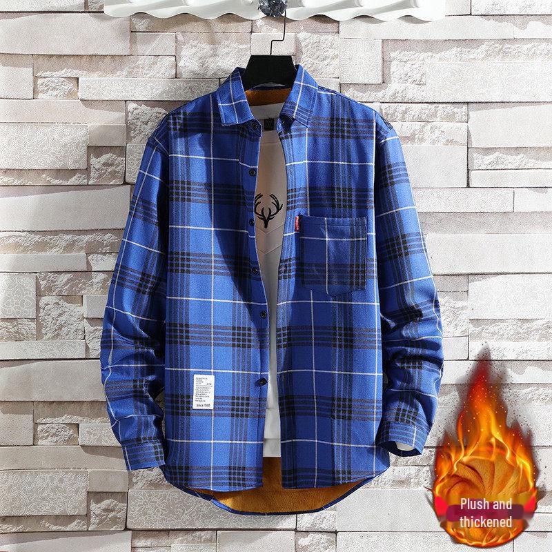 2023 Men's Plus Velvet Warm Plaid Shirt: Thick, Brushed, Slim Fit, Casual Korean Style.
