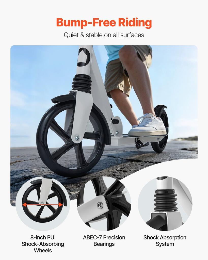 Kick Scooter for Kids Ages 8+, Teens & Adults, 2-Wheel Toddler Scooter with Adjustable Height Handlebar, Wide Anti-Slip Deck, Foldable Lightweight for