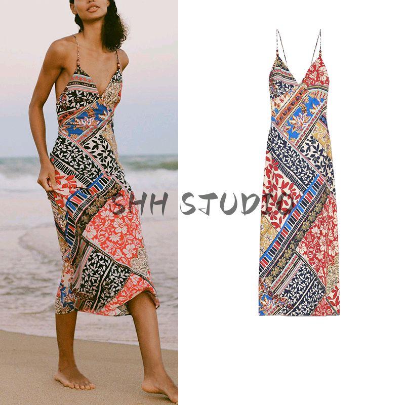 Spring and Summer New Women's Clothing V Neck Intimates Style French Patchwork Print Sling Midi Skirt Dress 3002244