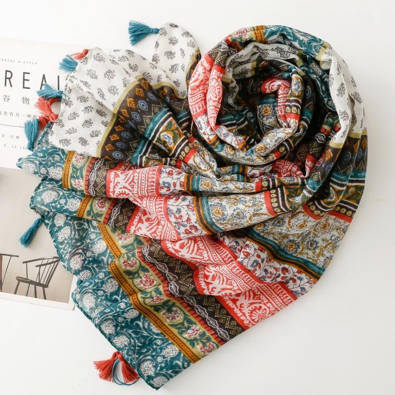 Fashion Luxury Women Viscose Scarf Floral Designer Shawl Print Cotton Linen Feeling Tassel Muslim Hijab Wrap Turban