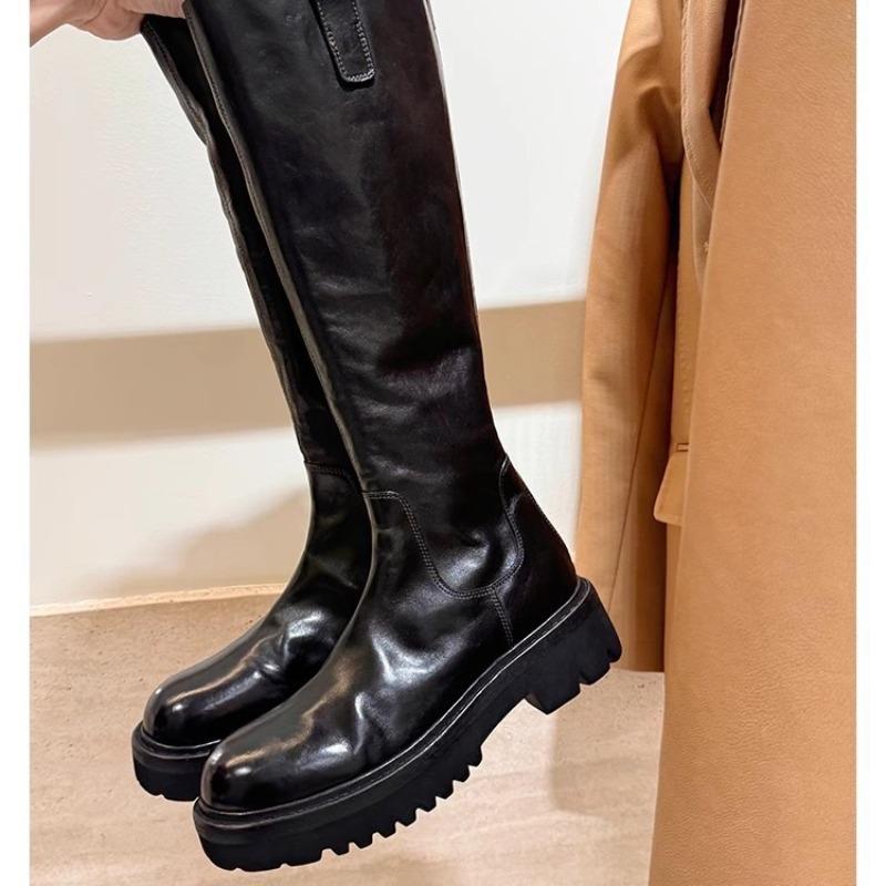 Horse leather leather thick-soled but knee knight boots women's round head slim boots rear zipper boots