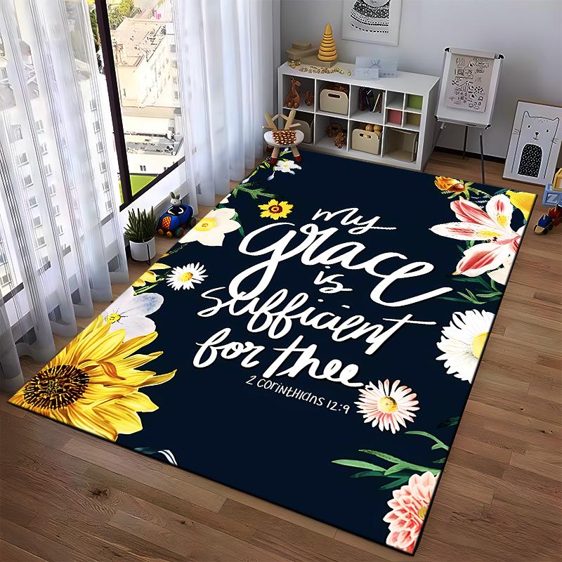 Floral Inspirational Quote Rug Non-slip Rug Suitable for Living Room and Bedroom Sofas.