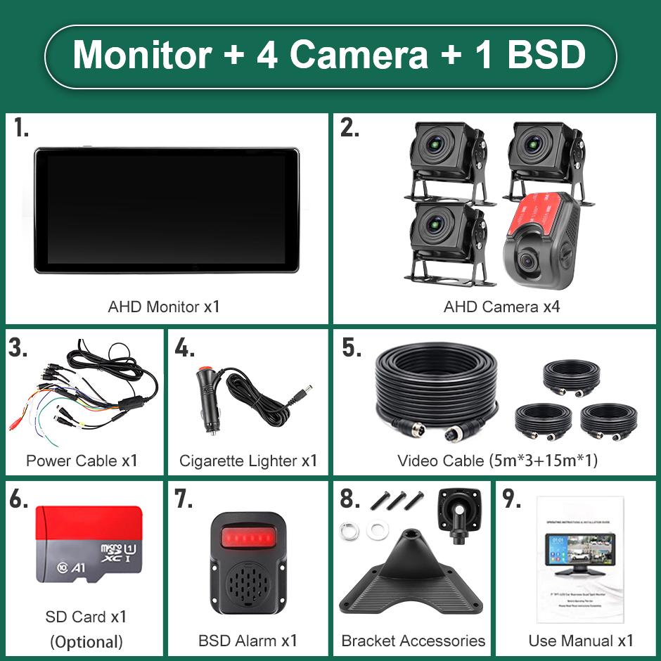 10.36'' 4CH AI Smart Blind Spot Radar BSD Alarm Wireless Apple Carplay Android-Auto DVR Monitor Fisheye 170° Cam for Truck Bus