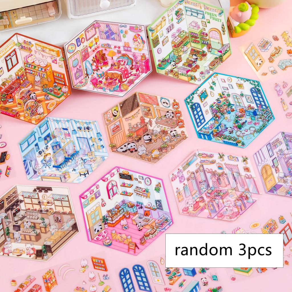 Miniature Scene 3D Diorama Stickers Creative Visual Stacking Cartoon Scene Sticker Diy Toys For Children Creative Handmade Decal