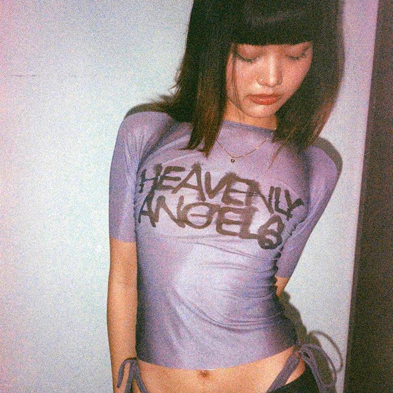 

Топ Y2k с принтом букв, прозрачные графические футболки для женщин, одежда с коротким рукавом, эстетичная Ropa De Mujer, облегающая, сексуальная, уличная одежда S