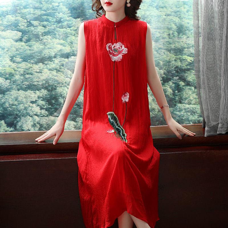 Chinese Style Woman Embroidered Cheongsam Sleeveless Vest Chiffon Dress Woman Dress Print Dress