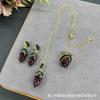 Natural Garnet Grape Necklace Earrings Set French Chic Boho Jewelry Women With Rhinestone Accents
