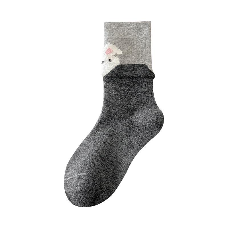 Women's Gray Mid-Calf Cartoon Socks - Cute College Style for Spring & Autumn
