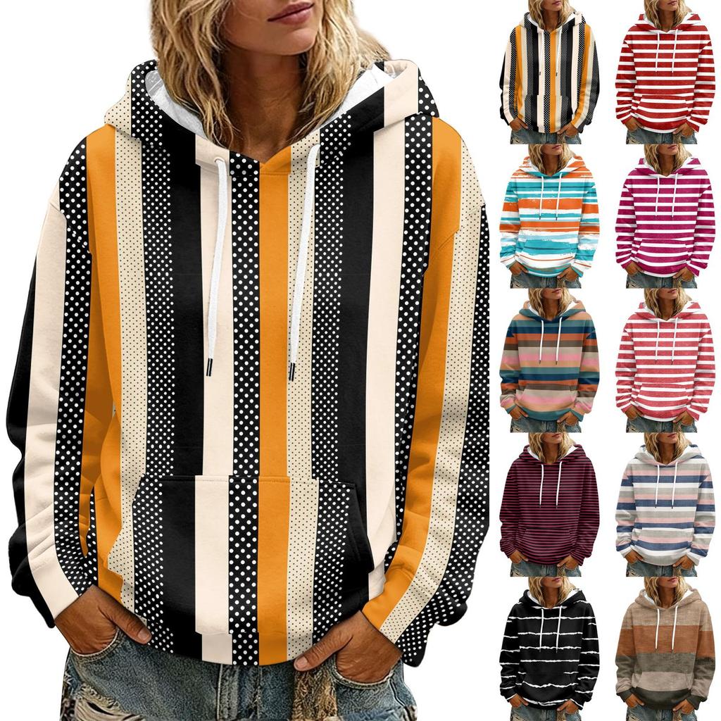 Women's Striped Print Casual Long Sleeve Hoodie with Pocket and