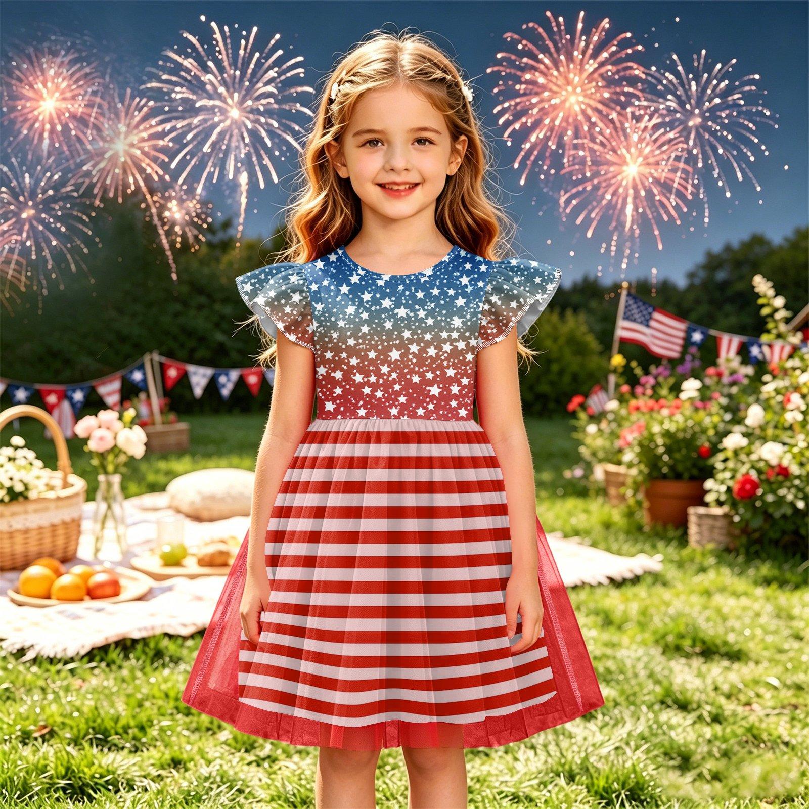Girls Independence Day Dress Flutter Sleeve Patchwork Dress Star Heart Print Top Striped Skirt Layered Tulle Bottom Dress for Kids 140