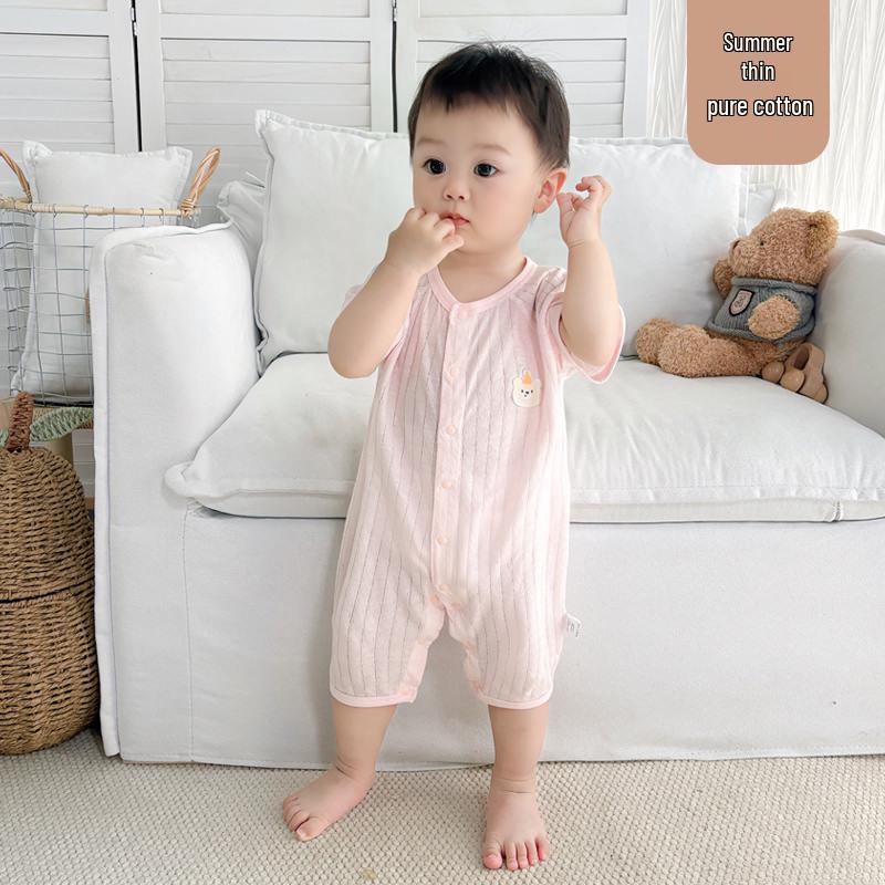 Baby Summer Short Sleeve Cotton Jumpsuit - Newborn Lightweight Pajamas Class A Air-Conditioned Crawler Outfit