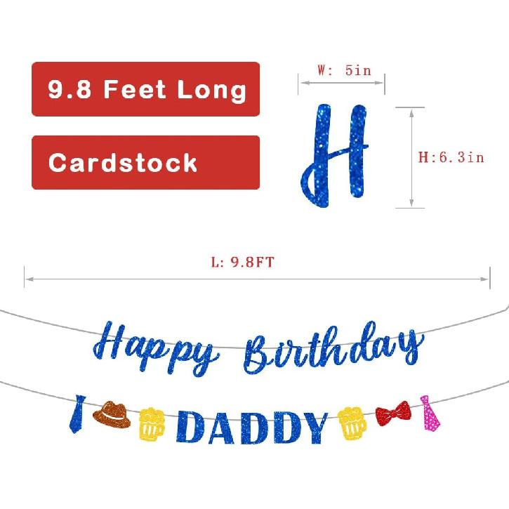 Glitter Happy Birthday Banner for Fathers Party Decoration Pre-Strung Celebration Blue Flag Cake Banner Happy Daddy Bold Letter Sign We Love Dad